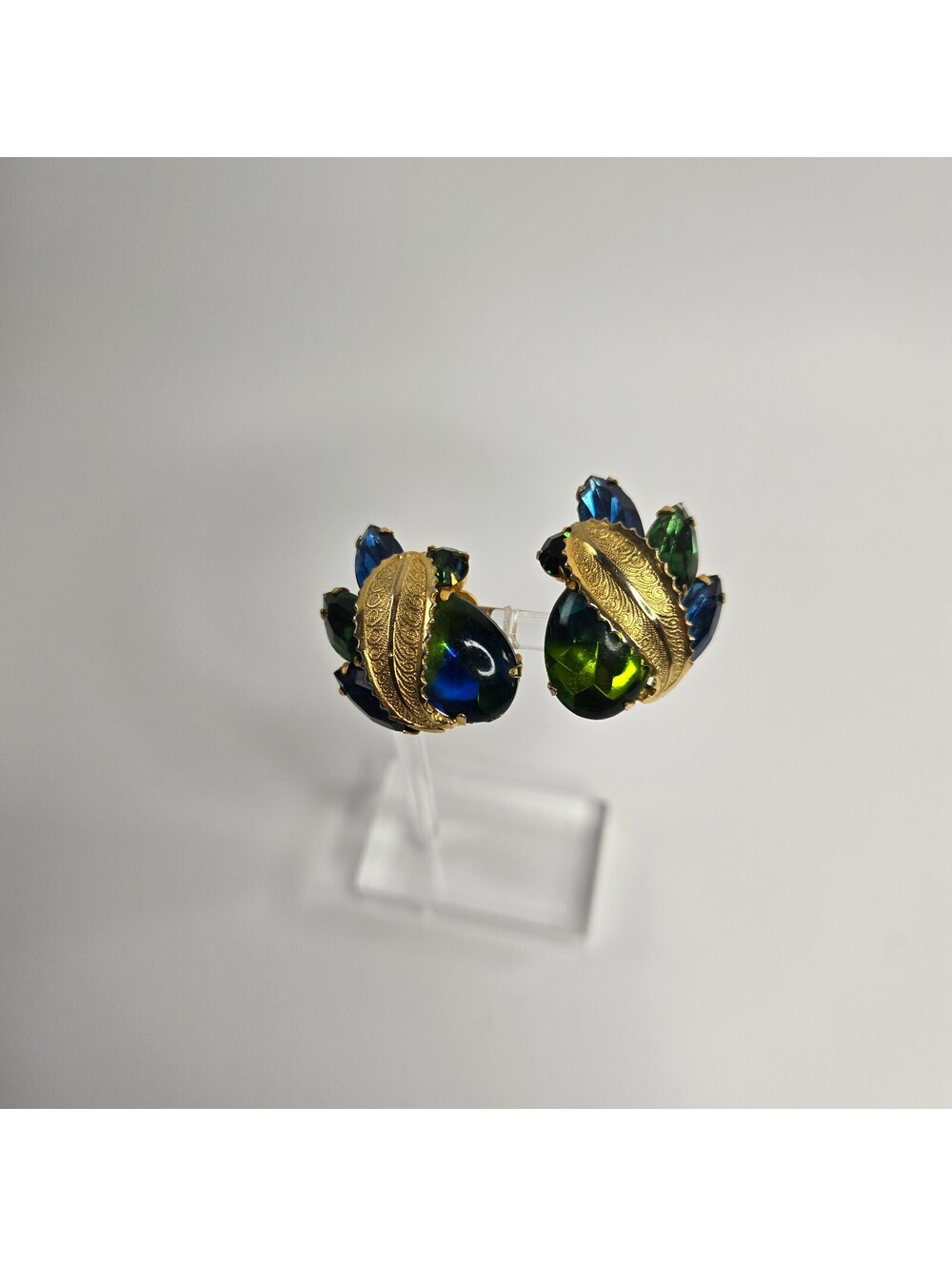 Vintage Blue Green Glass Rhinestone Clip On Earrings Gold Tone Statement